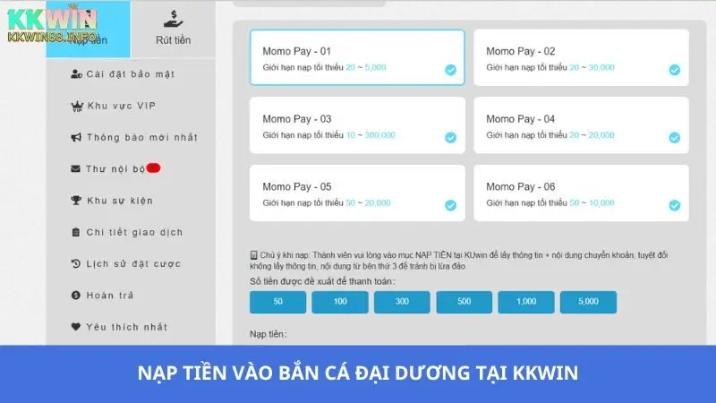Nạp tiền vào tài khoản chơi bắn cá tại KKwin
