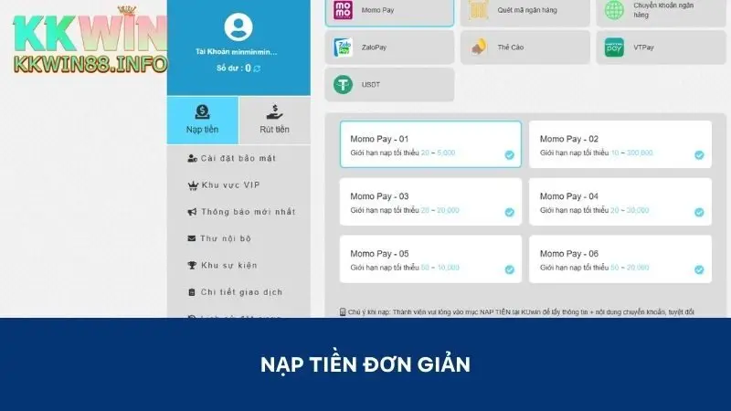Quá trình nạp tiền vào tài khoản thành viên không khó để thực hiện